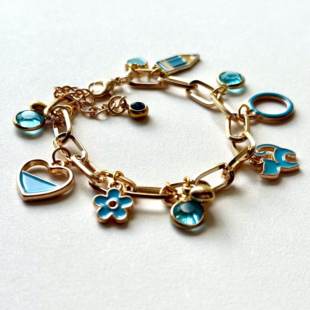 Handmade y2k Style Blue Charm Bracelet / Cat / Interchangeable / Gold Coloured
